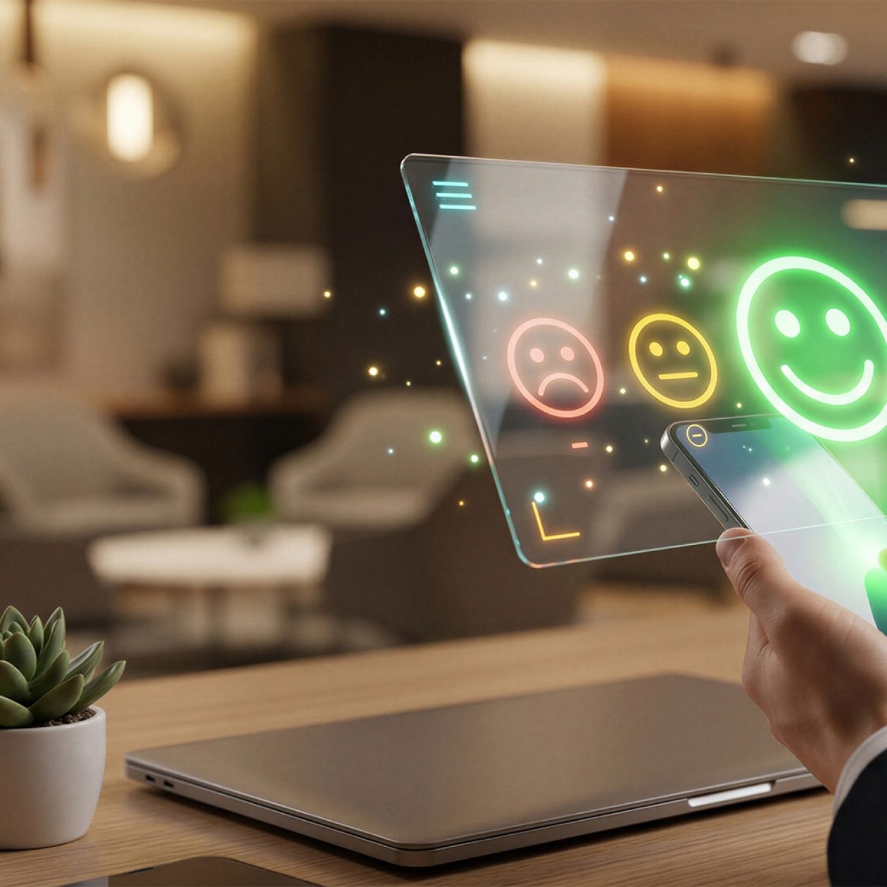 Hands holding a smartphone with a glowing digital sentiment analysis interface showing customer satisfaction smiley ratings.