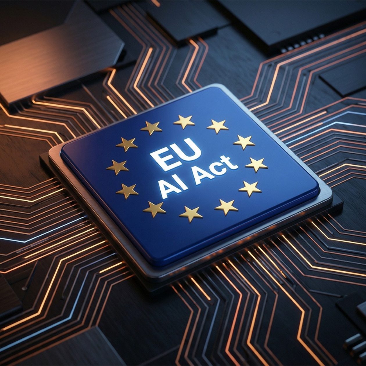 Mikrochip auf einer leuchtenden Platine mit der EU-Flagge und der Aufschrift „EU AI Act“.