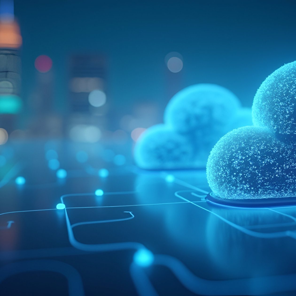 Mehrere leuchtende, texturierte blaue Cloud-Symbole stehen auf einer stilisierten Leiterplatte (Platine) mit verbundenen Lichtpunkten, im Hintergrund verschwommen eine beleuchtete Stadt-Skyline. Das Bild visualisiert Cloud Computing, Cloud-Infrastruktur, digitale Vernetzung, Smart City Konzepte und globale Datenverarbeitung.