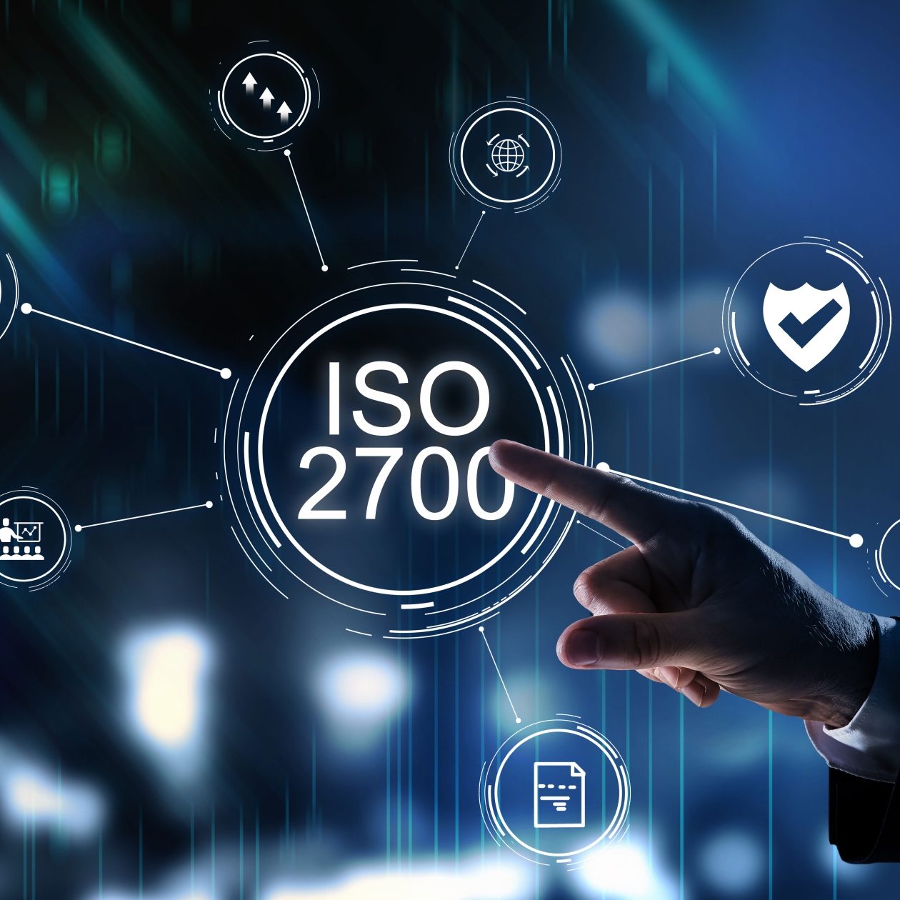 Ein Finger im Business-Anzug berührt ein leuchtendes, zentrales Icon mit der Aufschrift ISO 27001, umgeben von Icons für Zertifikat, Sicherheit und Daten. Das Bild symbolisiert die ISO 27001 Zertifizierung des Informationssicherheits-Managementsystems (ISMS) und die Einhaltung von Sicherheitsstandards und Compliance.