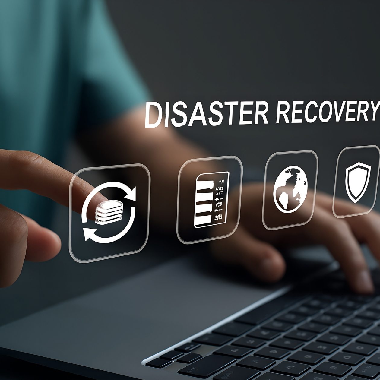 Ein Finger tippt auf ein leuchtendes Datensicherungs-Icon (Pfeile im Kreis) über einer Laptop-Tastatur, mit der Überschrift 'DISASTER RECOVERY' und weiteren Icons für Dokumentation, Globalität, Sicherheit und Wartung.