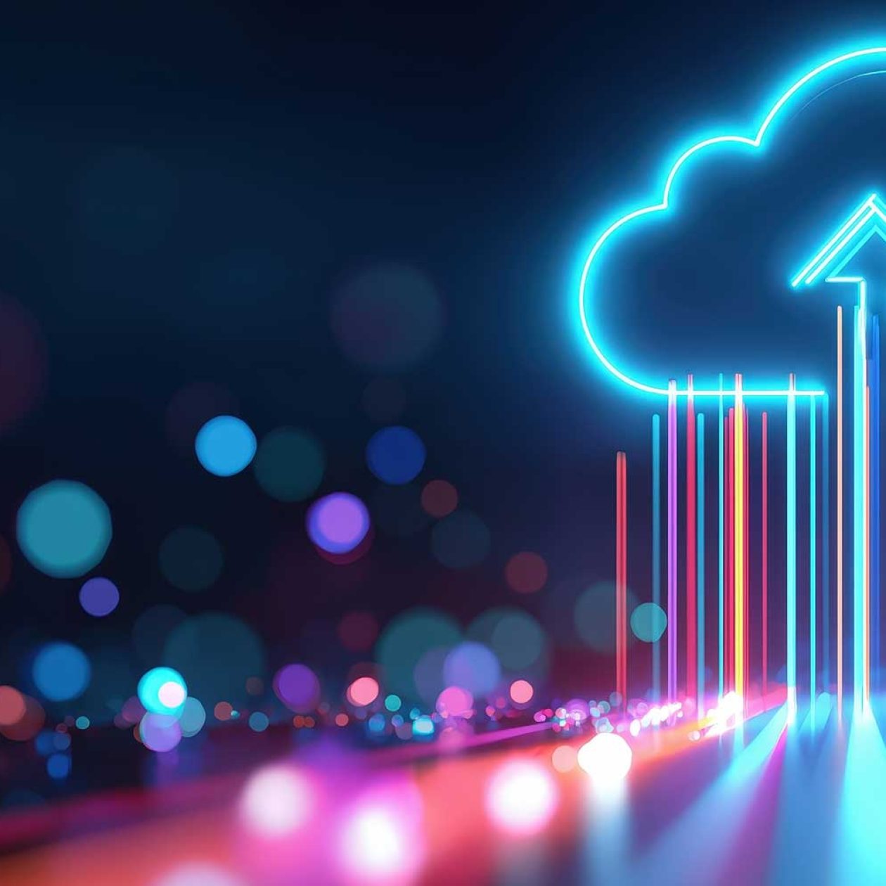 Option 2 (Focus on Security and Data Integrity):  "Abstract futuristic view of secure cloud infrastructure. Colorful, vertical data streams feed into a central, glowing cloud with an upload symbol, set against a dark, cyber network bokeh background."