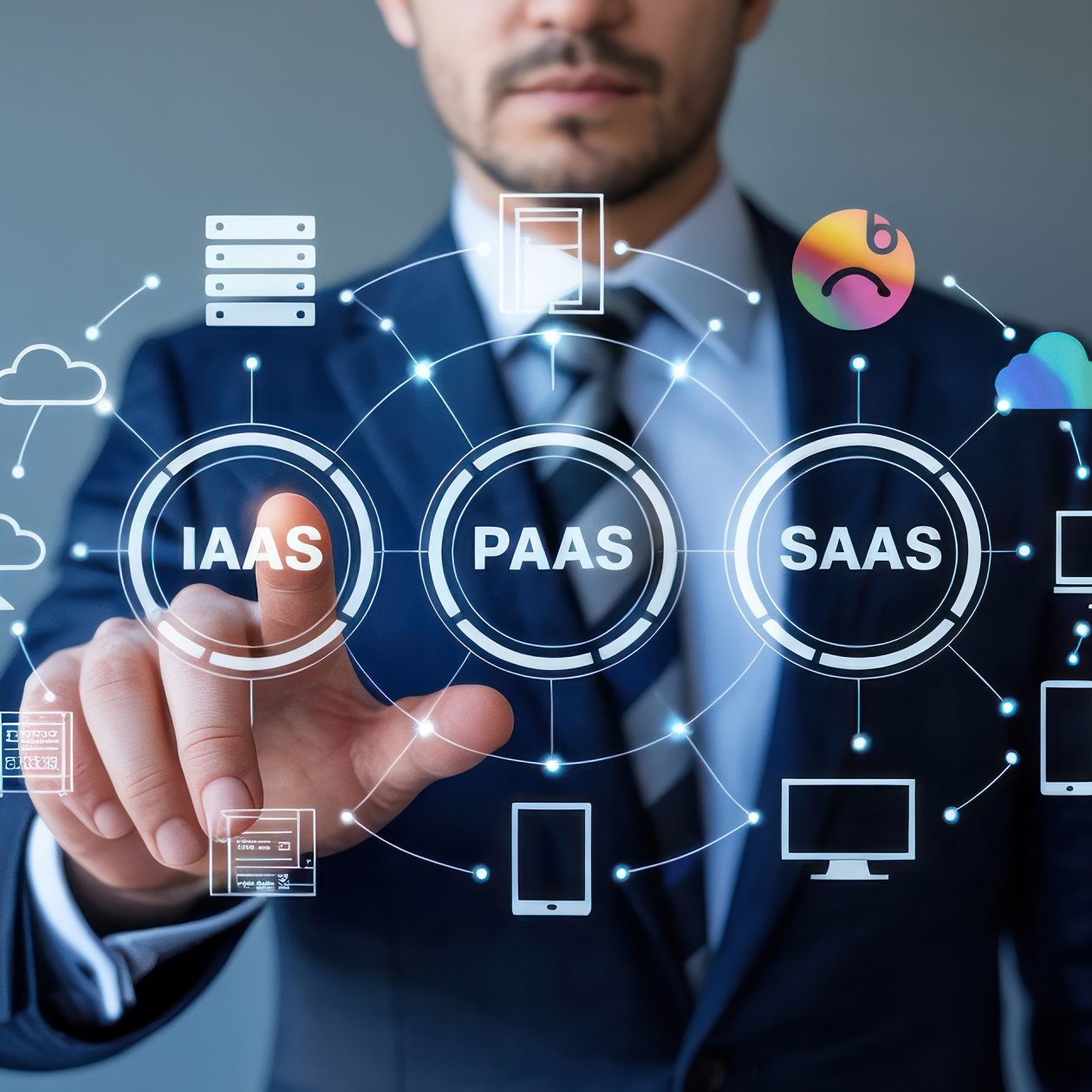 Mann wählt Cloud Services: IaaS, PaaS, SaaS | Cloud Computing Modelle und IT-Infrastruktur