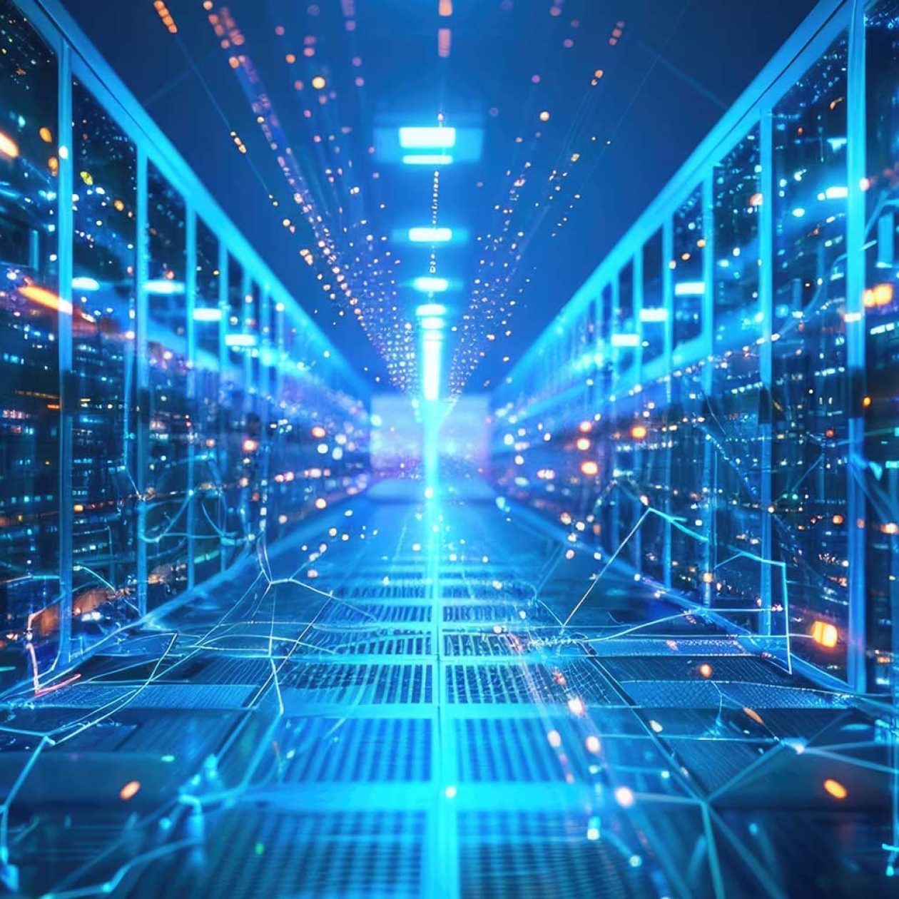Eine futuristische, stilisierte Ansicht eines Rechenzentrums-Gangs mit Server-Racks auf beiden Seiten. Das Bild ist geprägt von leuchtend blauen und orangefarbenen Lichteffekten, digitalen Datenverbindungen und Unschärfe-Effekten (Bokeh), die einen technologischen und hochmodernen Eindruck vermitteln.