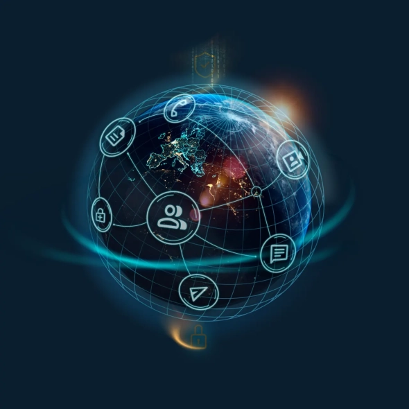 A digital globe focusing on Europe, surrounded by interconnected icons for calling, video, messaging, and security, representing the end-to-end encrypted Wire communication platform.