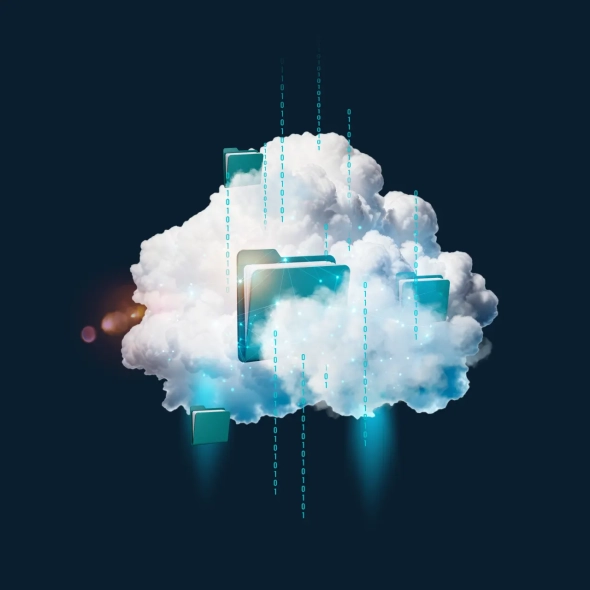 Eine stilisierte weiße Wolke mit digitalen Ordnern und Datenströmen auf dunklem Hintergrund symbolisiert die europäischen STACKIT Cloud-Services mit DSGVO-konformer Infrastruktur und Rechenzentren in Deutschland und Österreich.