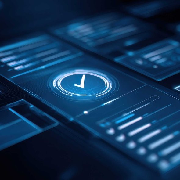 Futuristisches Digital-Interface mit Häkchen-Symbol zur Visualisierung von Service-Status-Abfragen und maschinenlesbarer Datenvalidierung für Agentic Search.