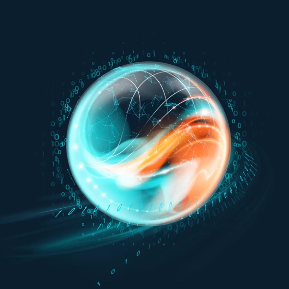 Eine leuchtende, dynamische Sphäre mit ineinanderfließenden Datenströmen und Binärcode symbolisiert das souveräne Data & AI Portfolio von Schwarz Digits, angetrieben durch Aleph Alpha und den DataHub Europe.