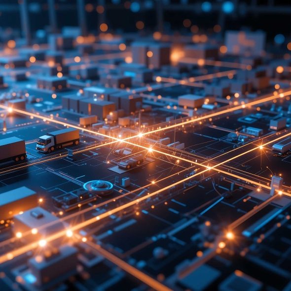 Futuristische Visualisierung einer vernetzten Cloud-Infrastruktur und Logistik-Datenströmen, die den effizienten Transport maschinenlesbarer STACKIT-Daten für KI-Agenten und Agentic Search symbolisiert.