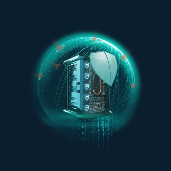 Ein digital geschützter Serverschrank in einer leuchtenden Sicherheits-Sphäre symbolisiert das ganzheitliche Cybersicherheits-Portfolio von Schwarz Digits mit den Plattformen XM Cyber und Omniac zum Schutz vor Cyberangriffen.