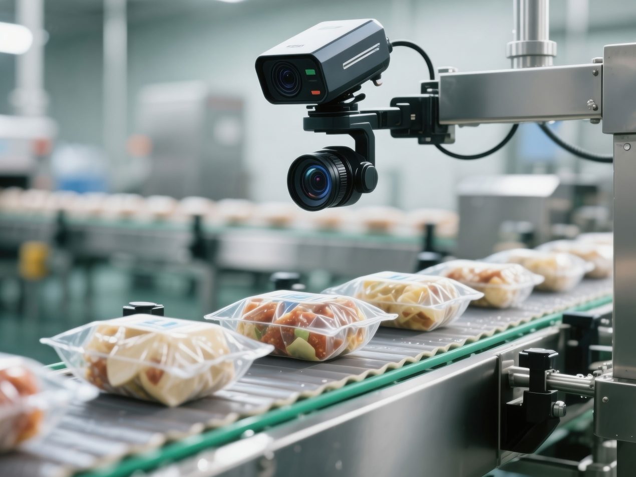 Industrielles Kamerasystem zur automatisierten Qualitätskontrolle an einer Fließband-Verpackungsanlage in der Lebensmittelindustrie.