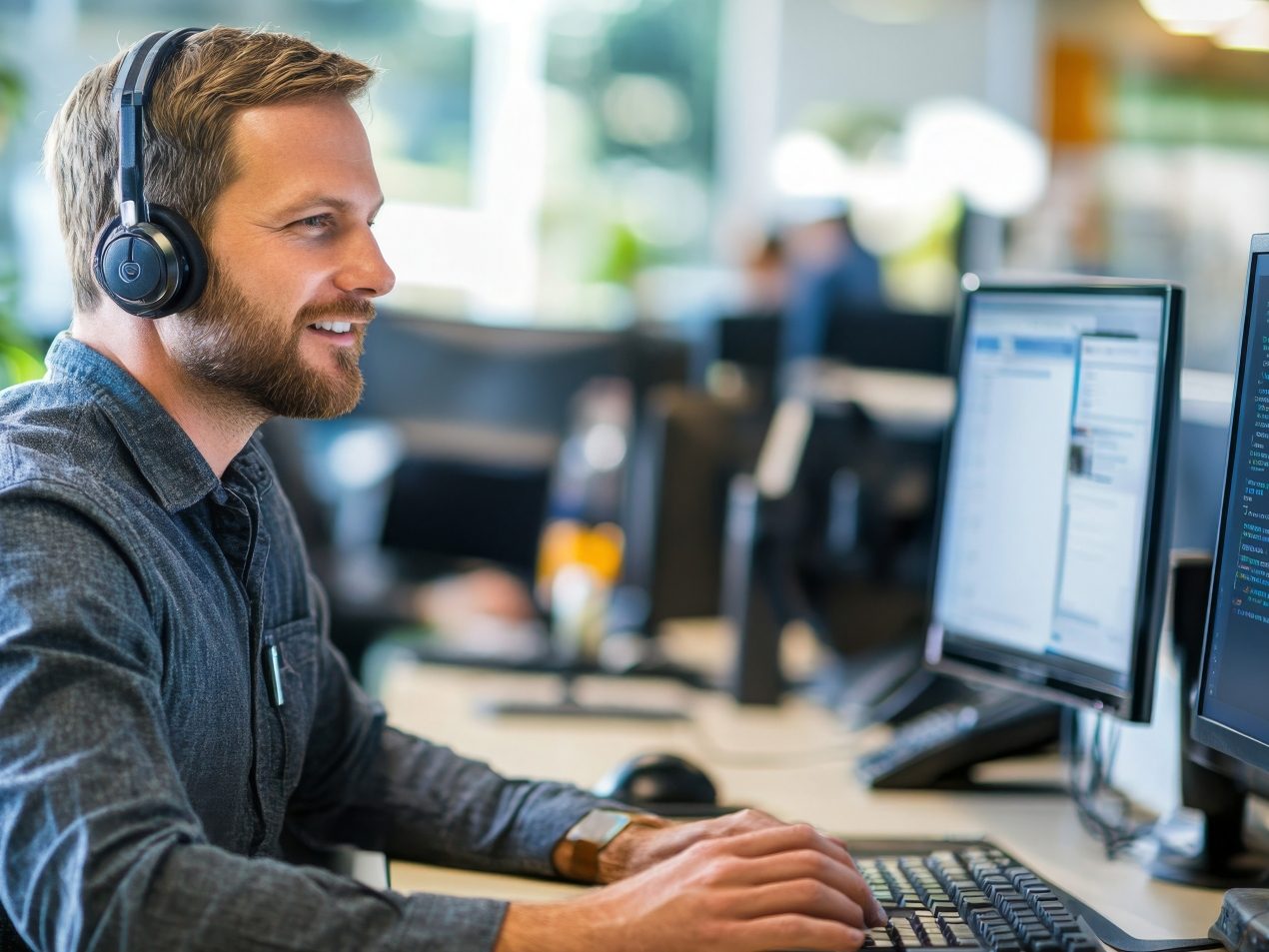 Ein lächelnder Mann mit Bart und Headset tippt an seinem Schreibtisch im Büro auf einer Tastatur, vor ihm stehen zwei Computermonitore.
