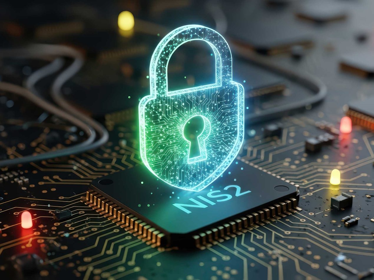 A detailed 3D rendering of a glowing holographic padlock formed from a green-to-cyan circuit pattern, resting on a central microprocessor chip on a computer motherboard. Below the shackle, "NIS2" is clearly visible, symbolizing hardware-level security and NIS2 directive compliance in secure cloud infrastructure.