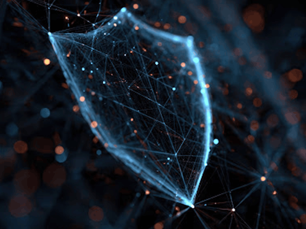 Leuchtendes digitales Schutzschild-Symbol aus vernetzten Linien und Datenknoten auf dunklem Hintergrund, symbolisiert die Absicherung des Internetverkehrs, Firewall-Schutz und IT-Sicherheit im Unternehmen.