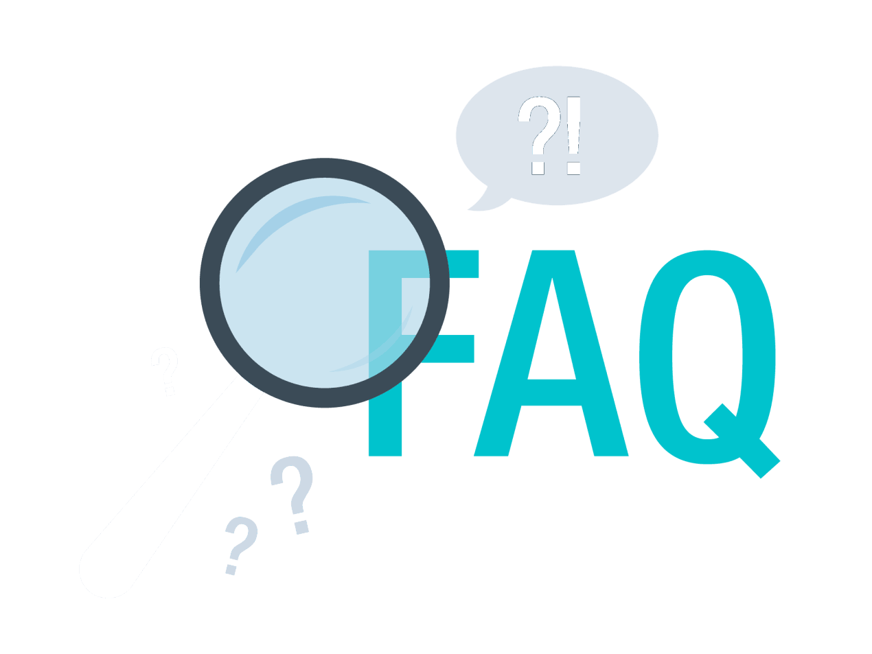 Lupe, die über das Wort FAQ geht mit Fragezeichen außen herum.