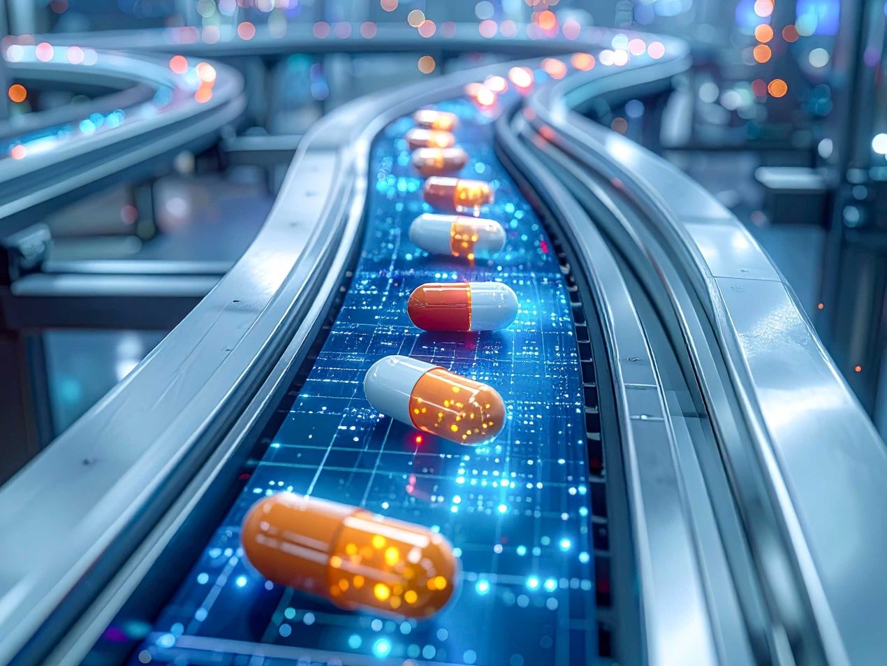 Two-toned medicine capsules with glowing particles moving along an illuminated conveyor belt in a pharmaceutical facility.
