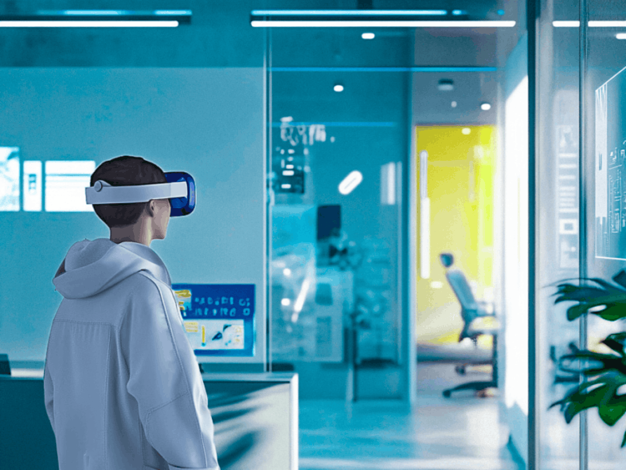 Person die mit einer VR Brille im Büro steht
