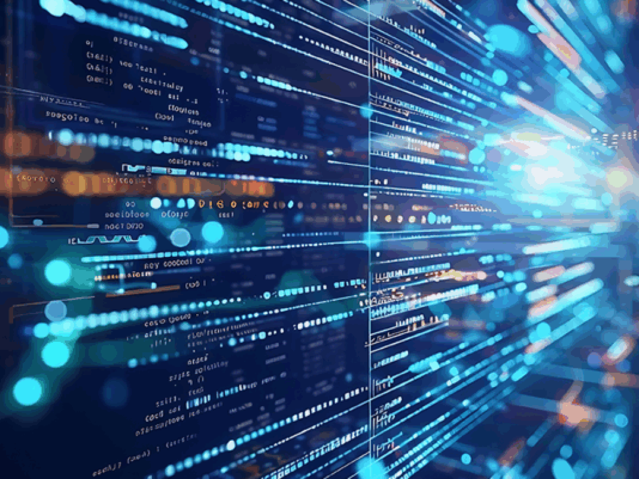 Futuristischer, schnell fließender Strom aus leuchtenden digitalen Daten, Codezeilen und blauen Lichtpunkten. Das Bild visualisiert Big Data, Datenanalyse, Echtzeit-Verarbeitung, digitale Infrastruktur und Informationsfluss.
