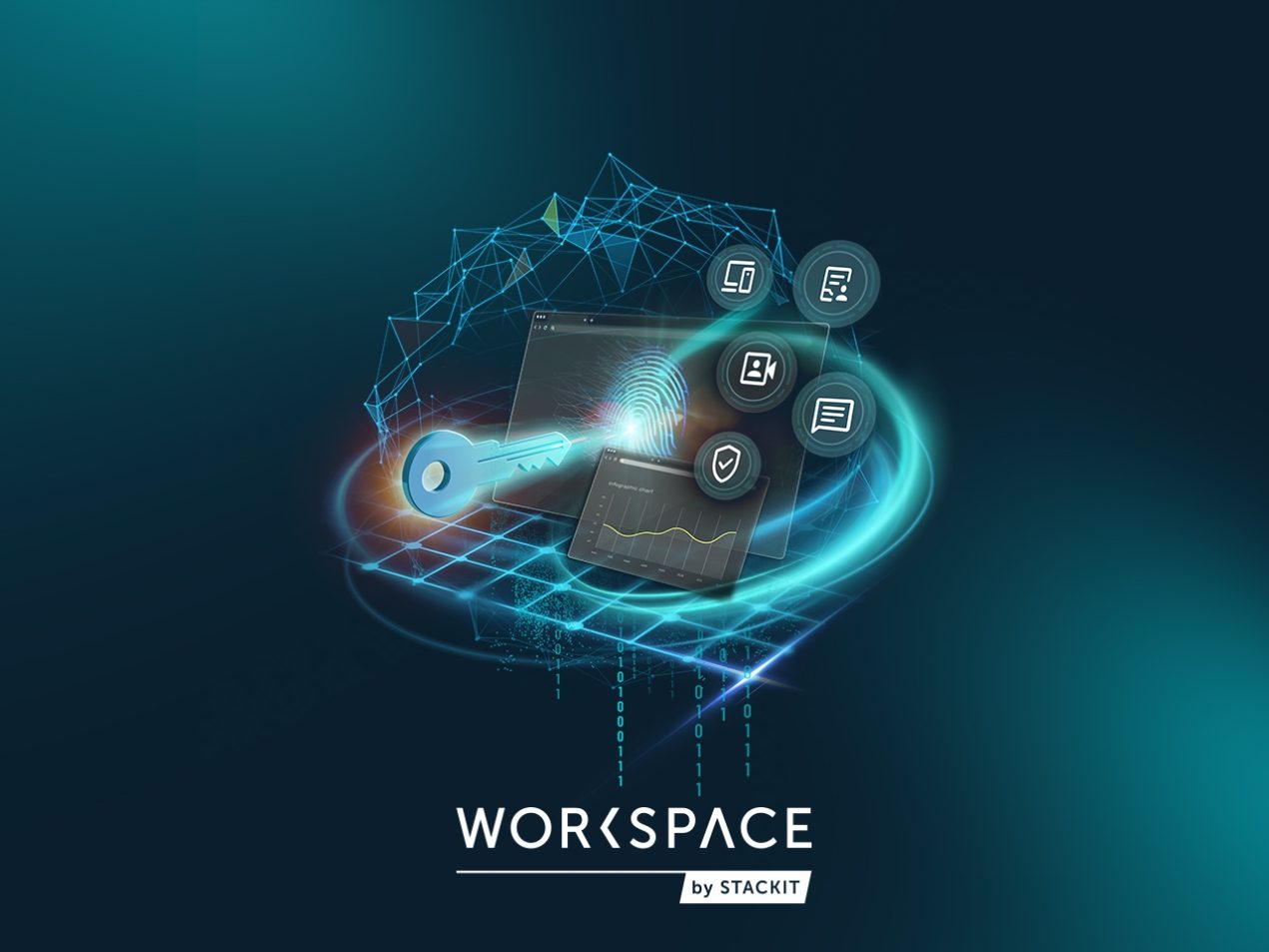 The image shows a large, glowing digital key in turquoise pointed at a laptop screen. A fingerprint and abstract charts are visible on the screen. Icons for documents, video calls, messages, and security shields orbit around the laptop. The laptop sits on a blue grid with binary code underneath. At the bottom is the "WORKSPACE by STACKIT" logo.