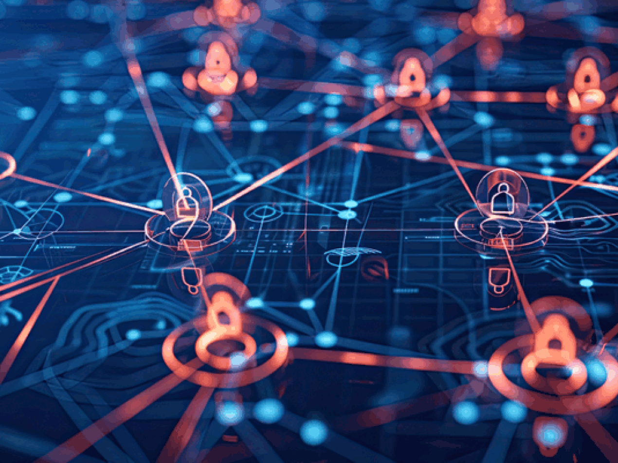 Ein komplexes, leuchtendes Netzwerk aus blauen und orangen Linien, das mehrere stilisierte Personensymbole (Avatare) miteinander verbindet. Das Bild visualisiert digitale Vernetzung, soziale Netzwerke, digitale Identität, Datenbeziehungen und IT-Konnektivität.