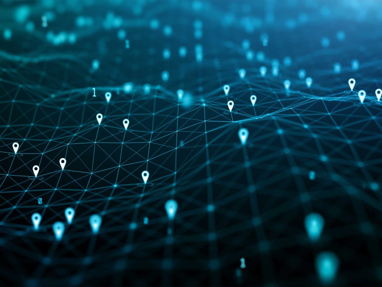 Futuristic abstract blue plexus network topology terrain, densely populated with glowing cyan location pin icons and floating binary digits. This visualization represents global data connection, real-time tracking, and cybersecurity in a digital world.