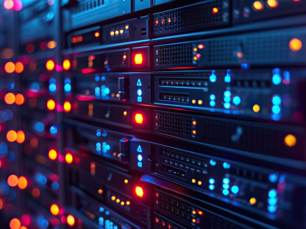 Close-up of flashing servers and blade servers in a data center