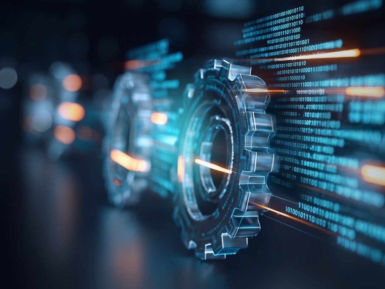 Drei leuchtende, ineinandergreifende Zahnräder vor Binärcode, die den Innovationsmotor von Schwarz Digits auf dem Weg zur digitalen Souveränität symbolisieren.