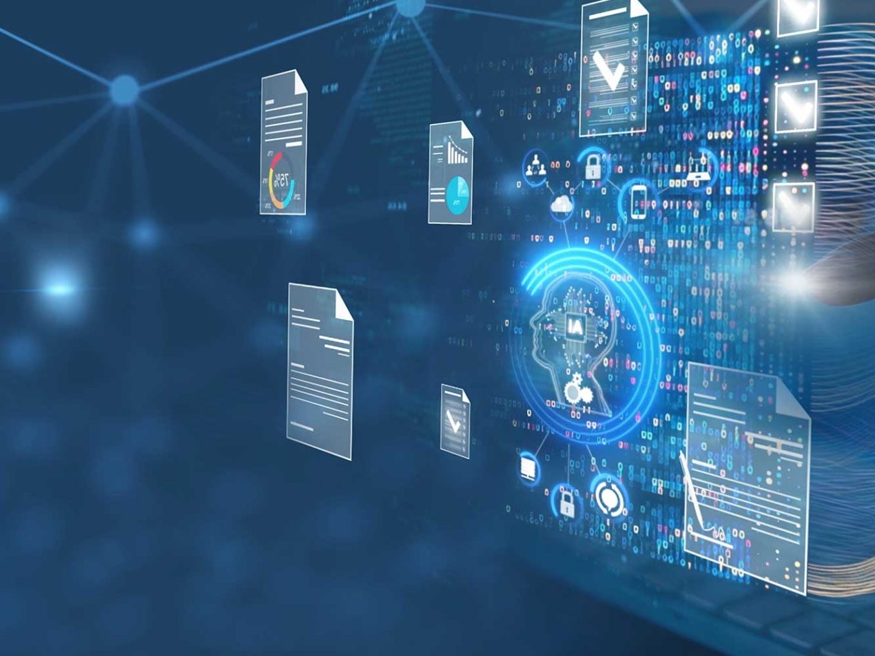 Futuristisches Konzept von künstlicher Intelligenz, die digitale Dokumente, Diagramme und Datenströme auf einem blauen Netzwerk-Hintergrund verarbeitet.
