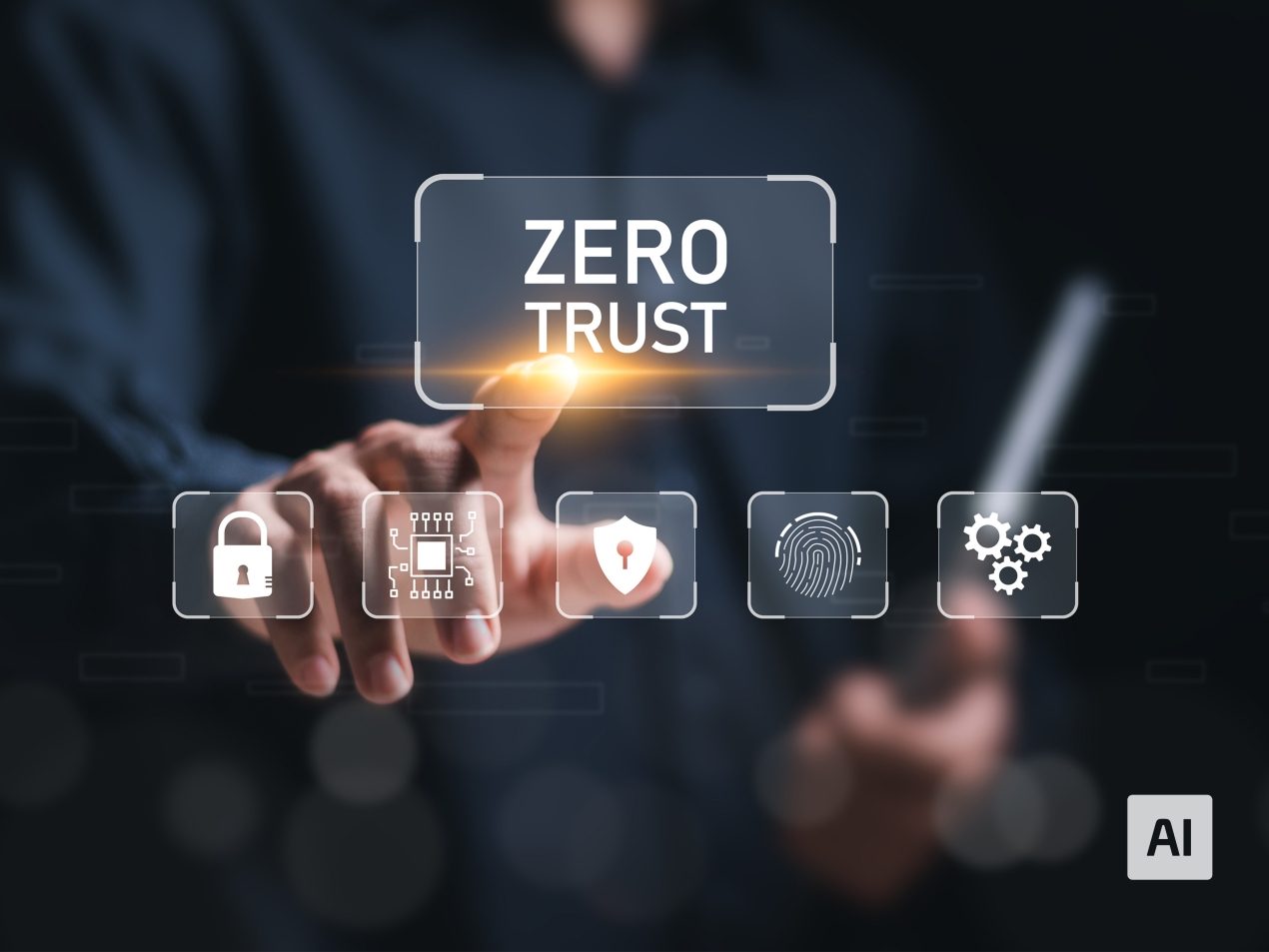 Hand touching a glowing Zero Trust digital interface button flanked by security and authentication icons.