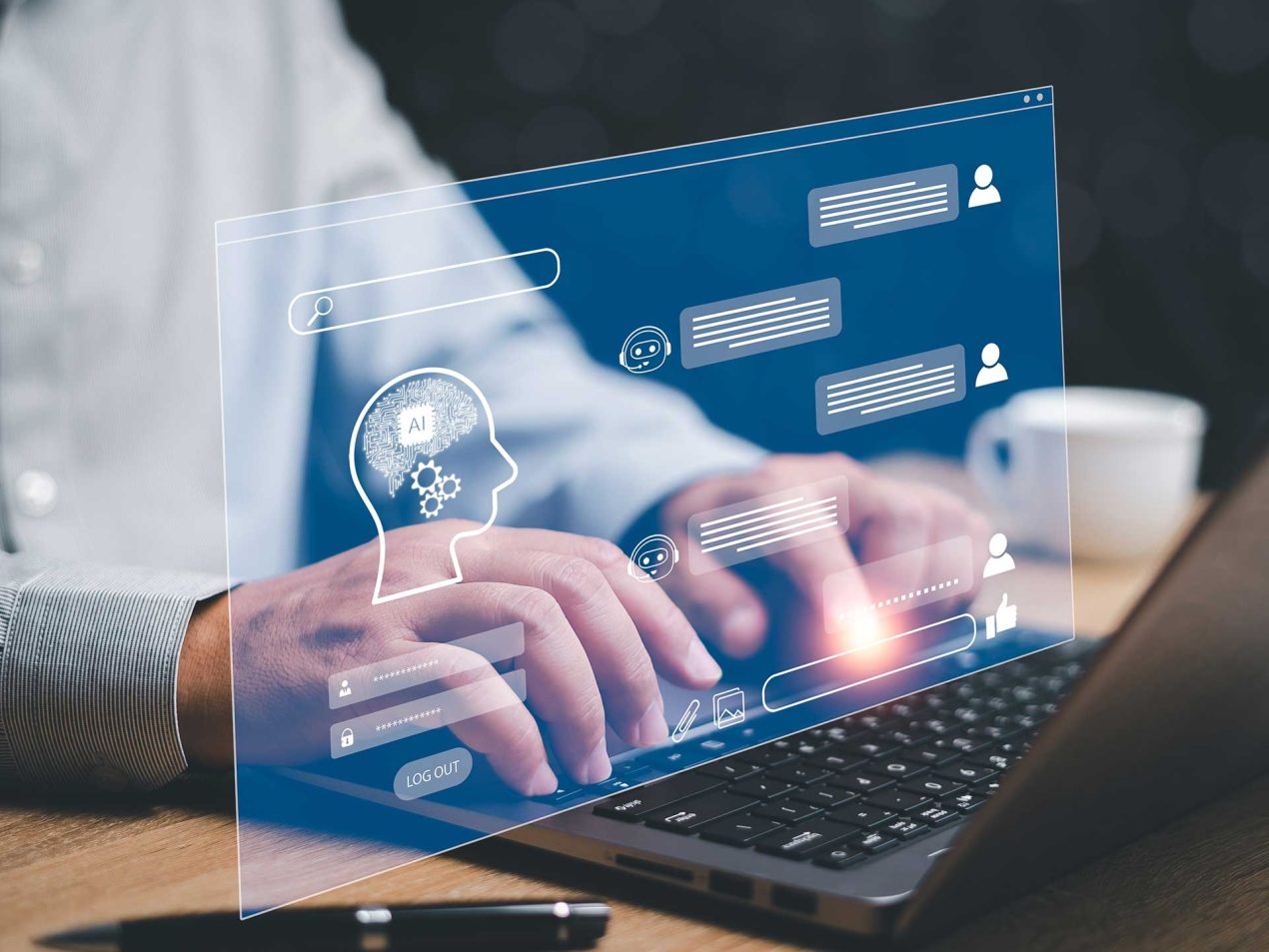 Eine Person tippt auf einem Laptop, über dem ein leuchtend blaues, holografisches KI-Chat-Interface mit einem digitalen Gehirn schwebt.