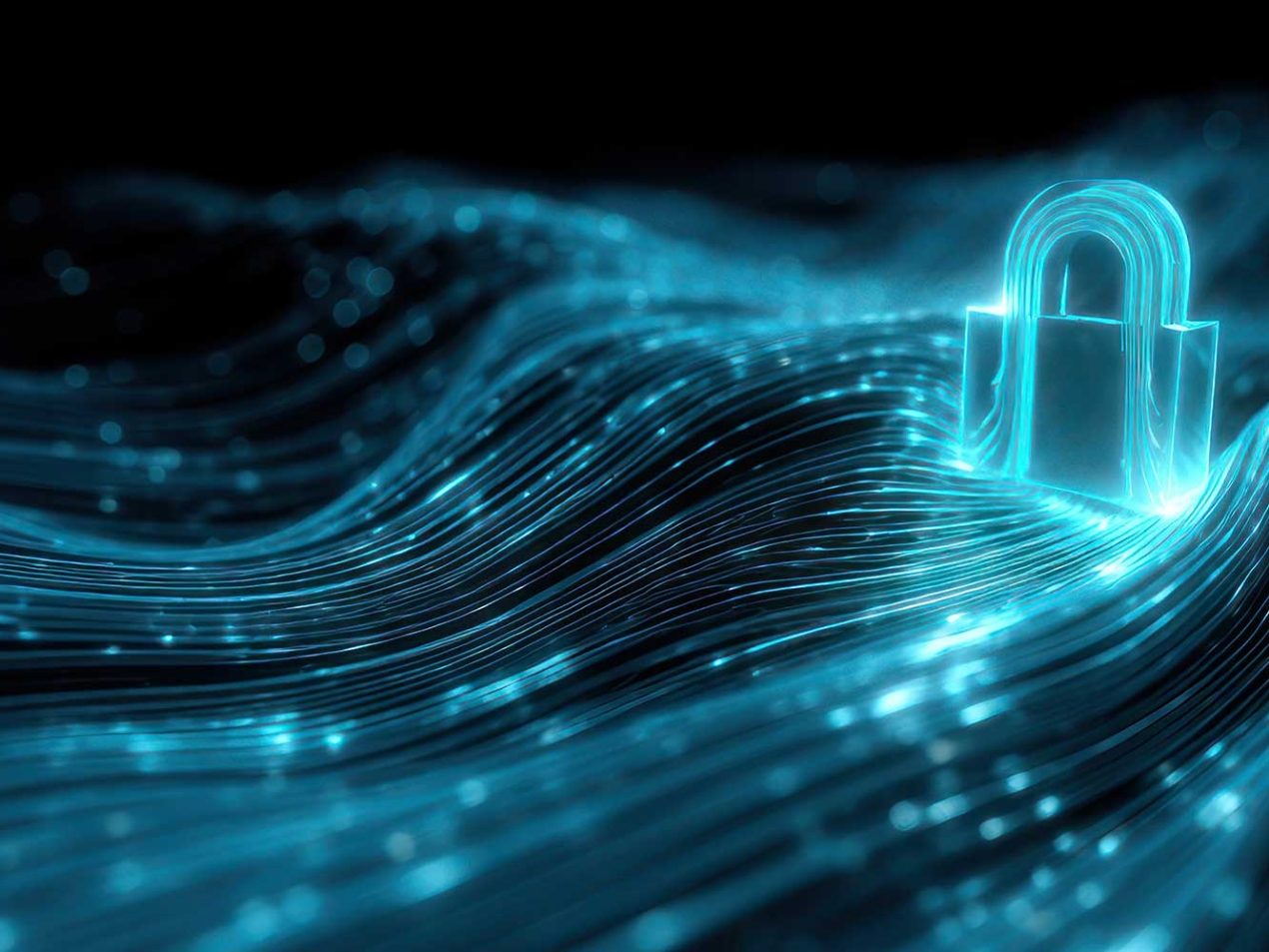 Leuchtendes blaues Schloss auf fließenden digitalen Datenströmen als Symbol für Cybersicherheit und Datenschutz.