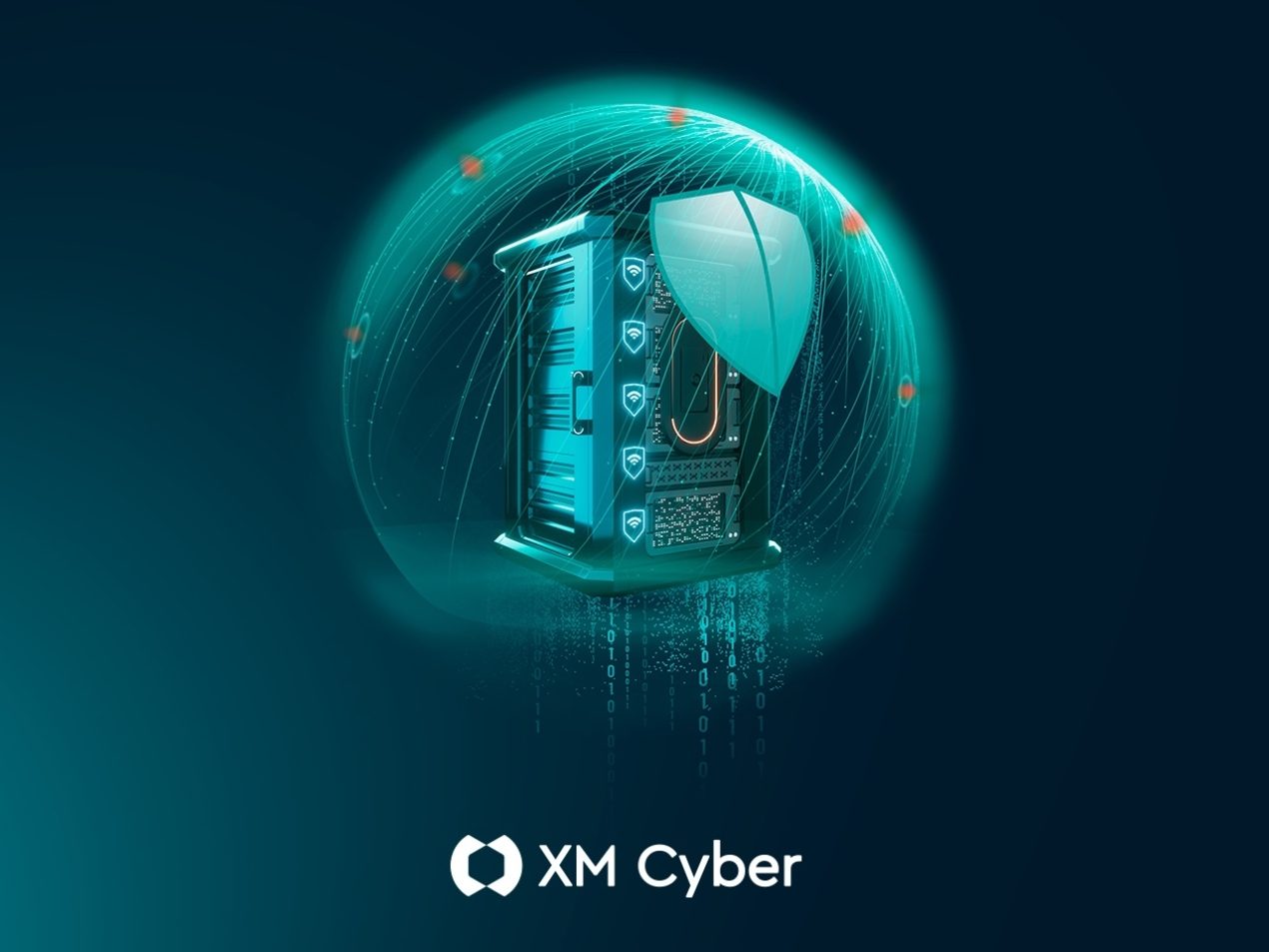 Visualisierung von IT-Sicherheit durch einen geschützten Server in einer leuchtenden Sicherheitskuppel mit dem XM Cyber Logo.