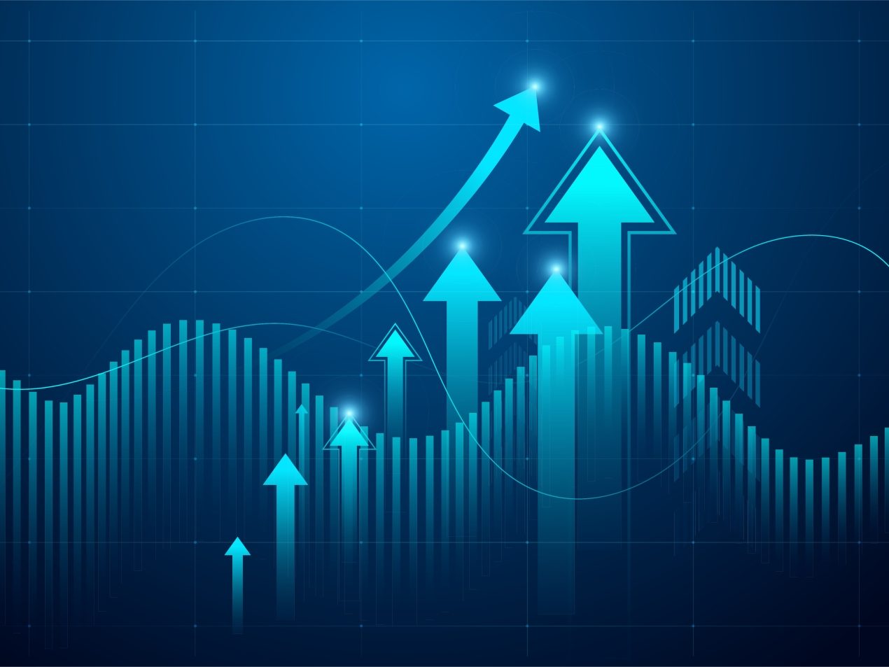 uturistisches, blaues Diagramm mit mehreren aufsteigenden Pfeilen und einem dynamischen Balkendiagramm. Das Bild symbolisiert Geschäftswachstum, positive Entwicklung, Erfolg, Marktanalyse, Steigerung und Finanzperformance.