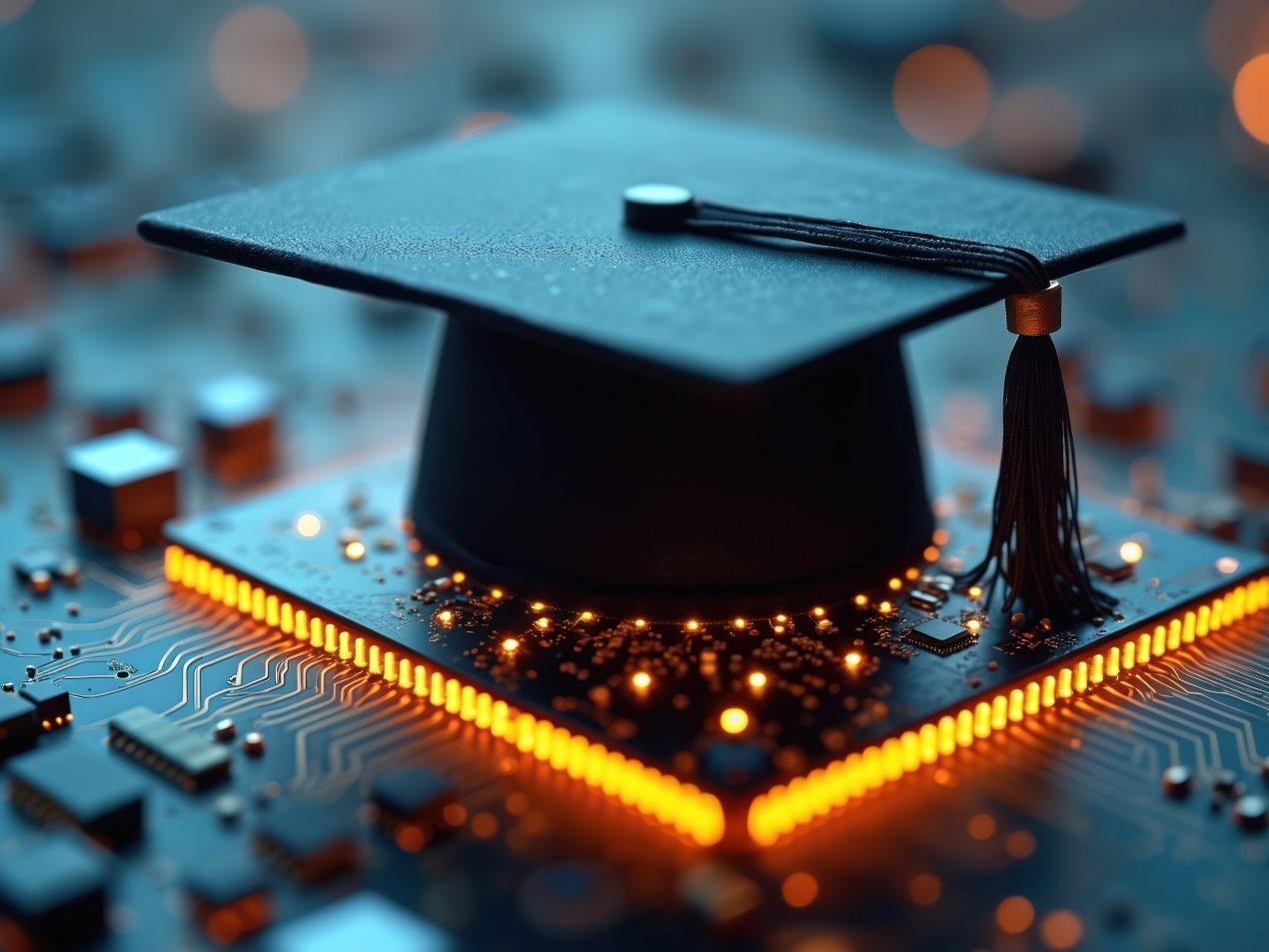 Close-up of a black doctor's hat/terminal cap sitting on an illuminated microchip or central processing unit (CPU) embedded in a dark printed circuit board (PCB). The chip emits a warm, bright orange-yellow light that illuminates the surrounding circuitry. The scene conveys a concept of digital education, technology or artificial intelligence (AI) in science.