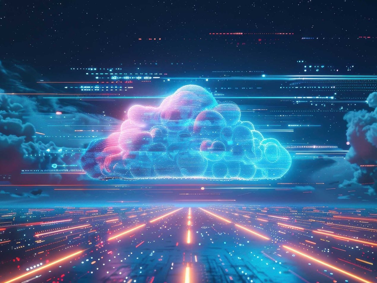 Futuristic visualization of cloud technology and global data networks