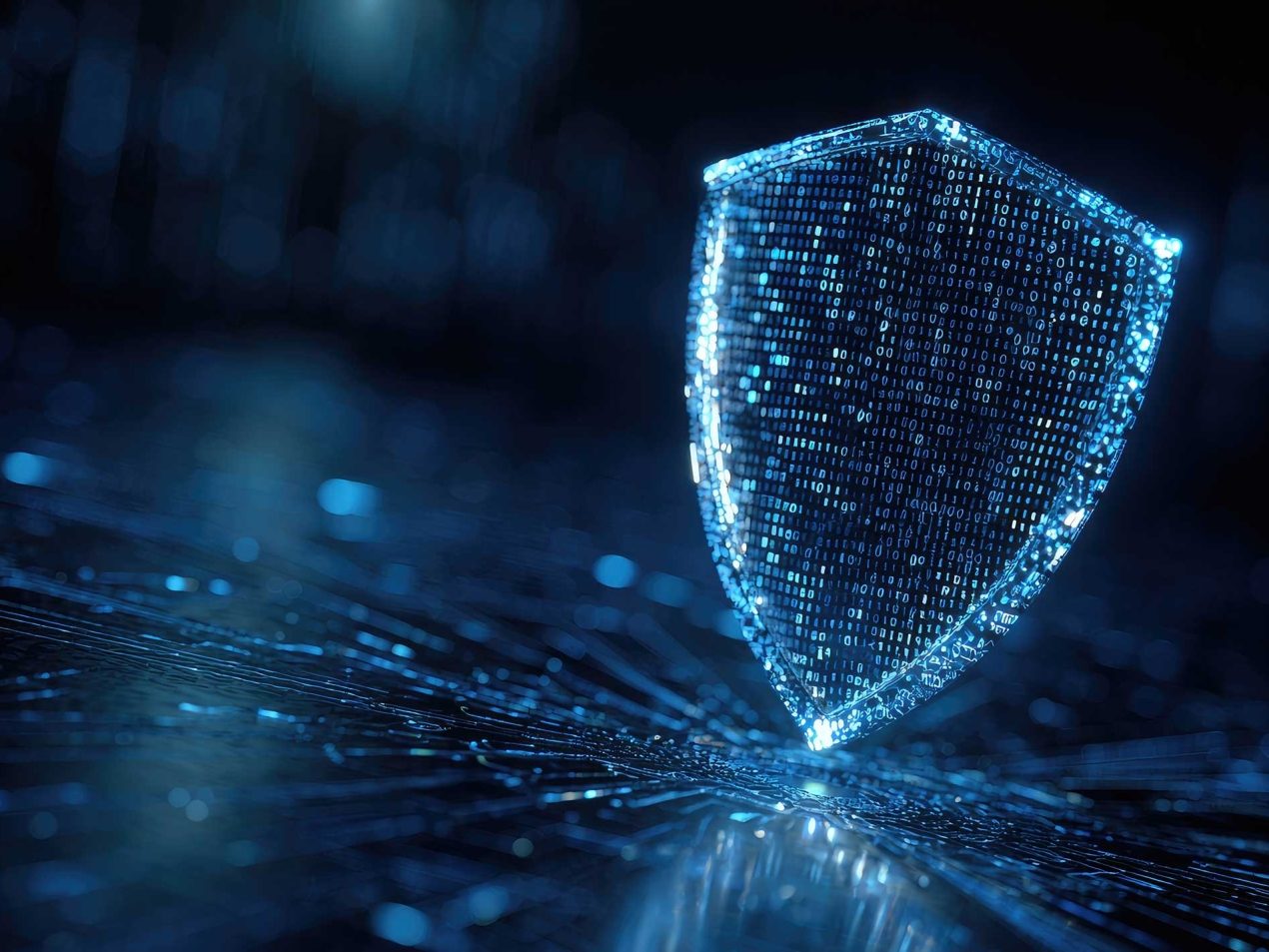 A glowing digital shield made of binary code on a dark background visualizing cybersecurity and data protection in the cloud.