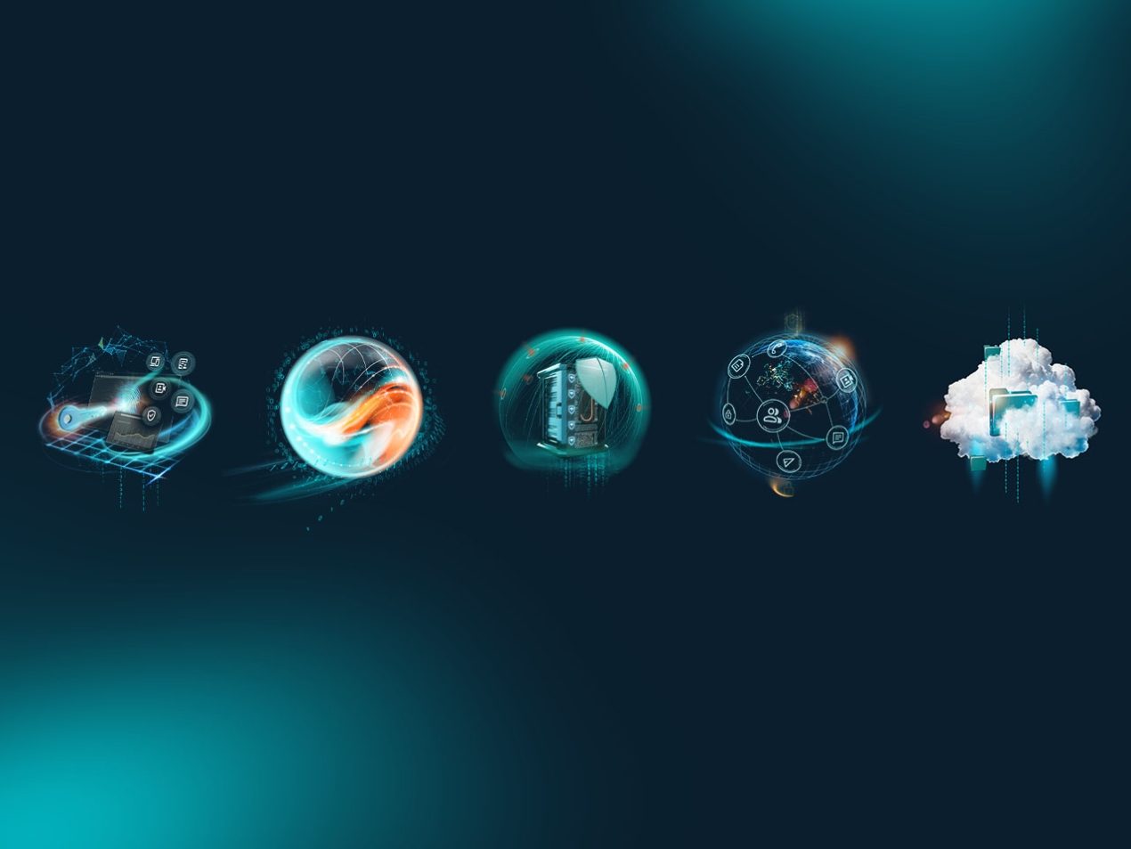 Eine Reihe von fünf leuchtenden, futuristischen 3D-Symbolen vor dunklem Hintergrund, die verschiedene digitale und technologische Dienstleistungen darstellen.