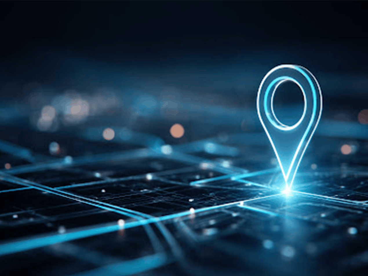 Leuchtender digitaler Standort-Pin auf einer virtuellen Karte mit blauen Netzwerklinien, symbolisiert die sichere Anbindung von Unternehmensstandorten, VPN-Standortvernetzung und moderne IT-Infrastruktur.