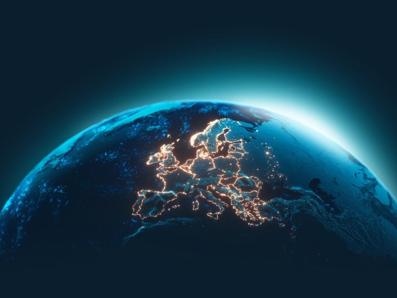 Stylized view of planet Earth from space focusing on Europe, with its borders illuminated by golden lights against a dark blue background and atmospheric glow.