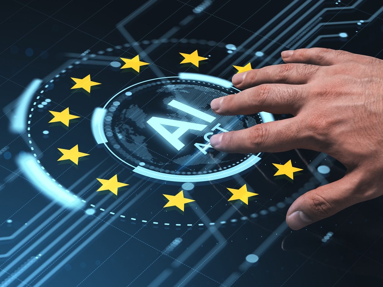Eine Hand berührt ein digitales Touch-Display mit leuchtenden EU-Sternen und dem Schriftzug „AI Act“.