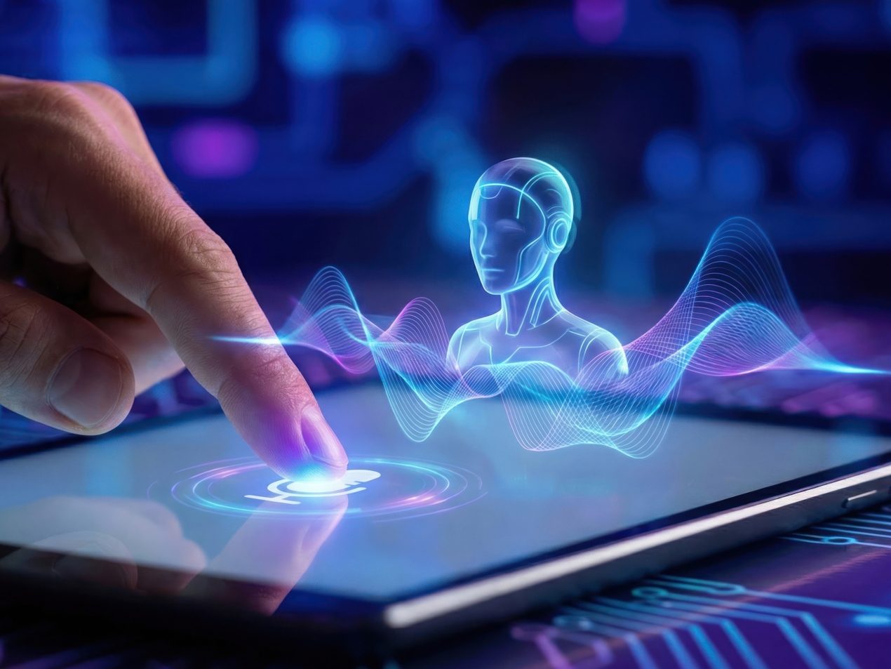 Finger pressing a microphone icon on a tablet screen, projecting a glowing AI avatar hologram with sound waves.