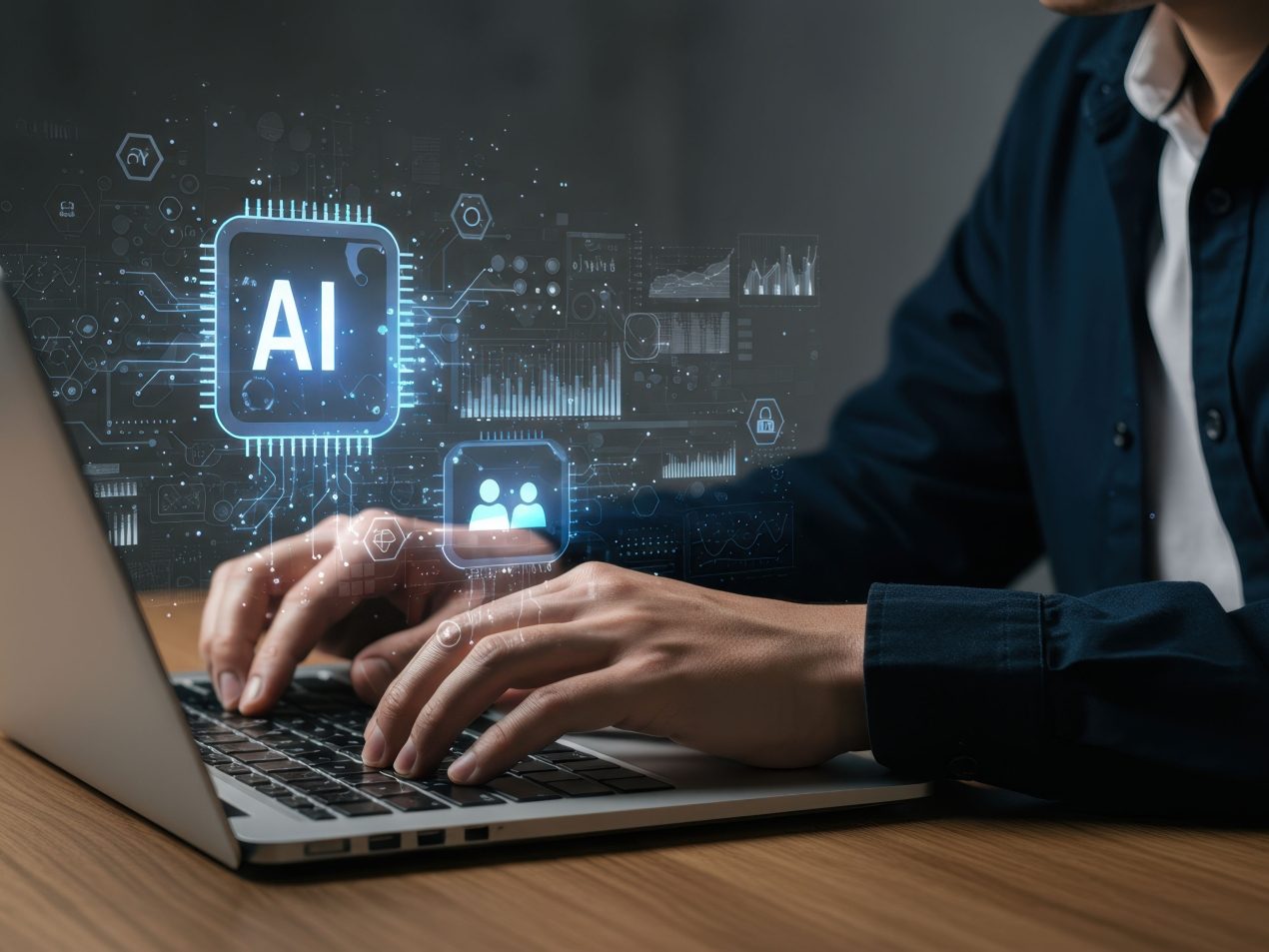 Close-up of hands typing on a laptop. A futuristic, glowing graphic of an AI chip labeled "AI" and data diagrams is visible above the device. Symbolizes the development and use of Artificial Intelligence.