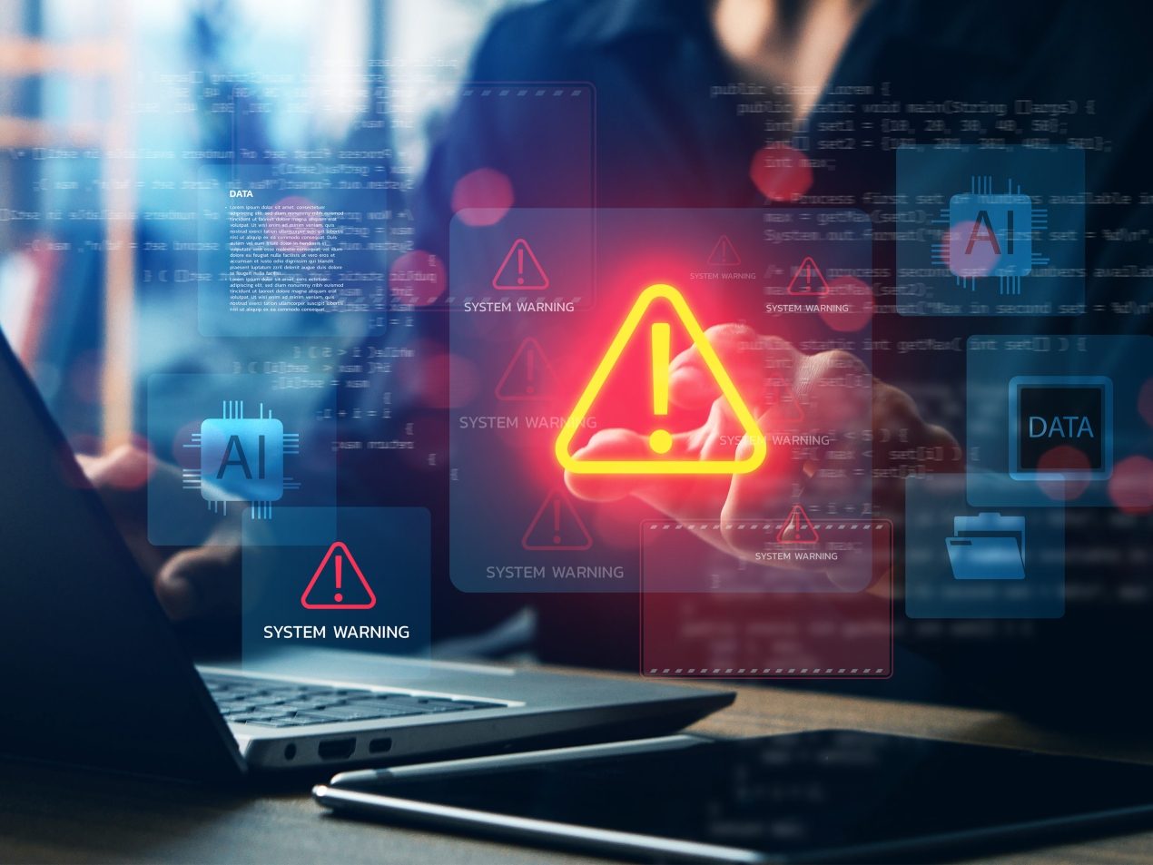 A person works on a laptop and tablet, while the screen is overlaid with glowing red warning symbols (exclamation mark in a triangle) and "System Warning" messages. Digital interface elements with "AI" and "DATA" labels are also visible. The image symbolizes cybersecurity threats, data breaches, system failures, or the need for digital protection measures.