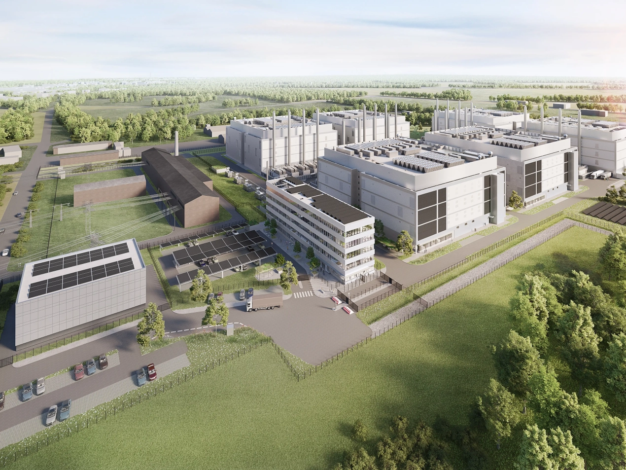 A bird's-eye architectural rendering of the Schwarz Digits data center in Lübbenau, consisting of multiple building complexes and surrounding green spaces.