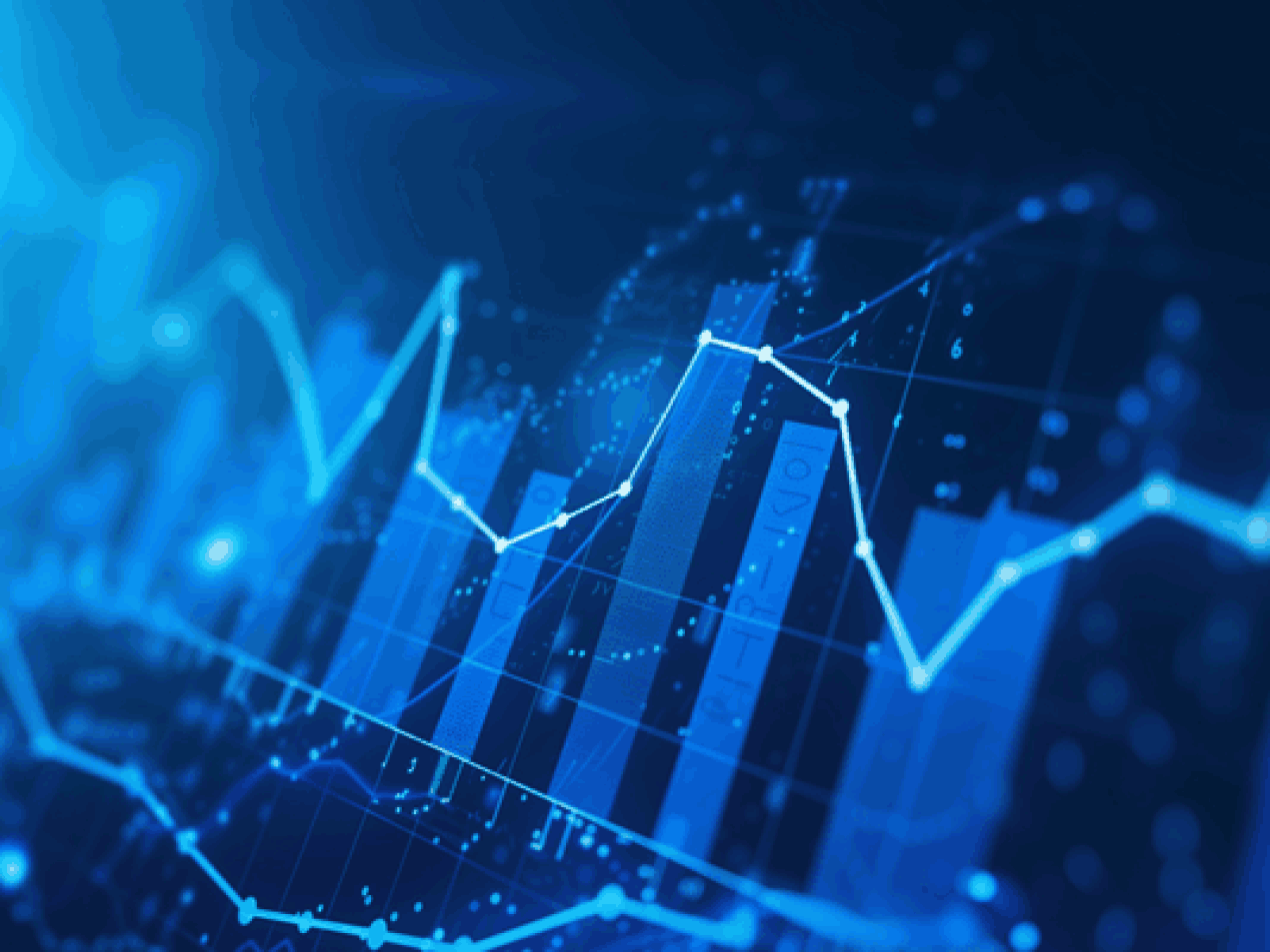 Futuristisches, blau leuchtendes Diagramm mit dynamischen Linien- und Balkengrafiken, die einen klaren Aufwärtstrend zeigen. Das Bild visualisiert Datenanalyse, Business Intelligence (BI), Finanzperformance, Wachstum und statistische Auswertung von Big Data.