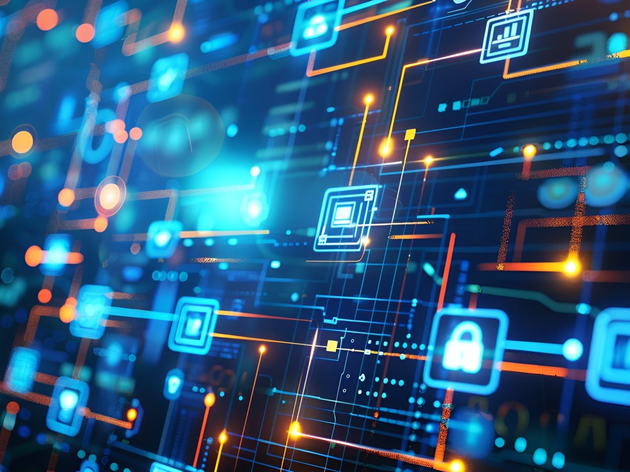 Netzwerksicherheit und Datenverkehr in einer digitalen Infrastruktur mit Schutzsymbolen