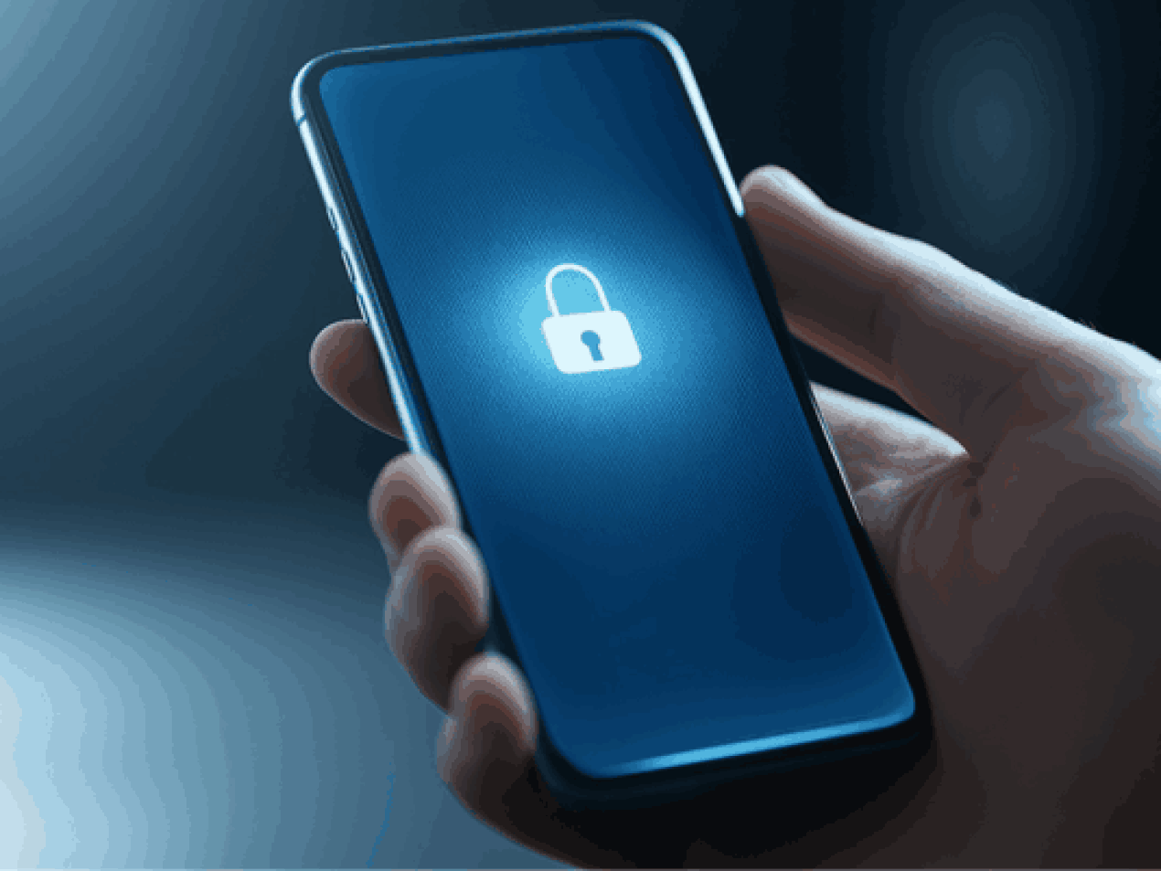 Eine Hand hält ein Smartphone, dessen Bildschirm ein großes, leuchtendes Vorhängeschloss-Symbol (Sicherheit) anzeigt. Das Bild visualisiert Mobile Sicherheit, Datenschutz, sichere Kommunikation, Smartphone-Schutz und Verschlüsselung von Apps oder Daten.