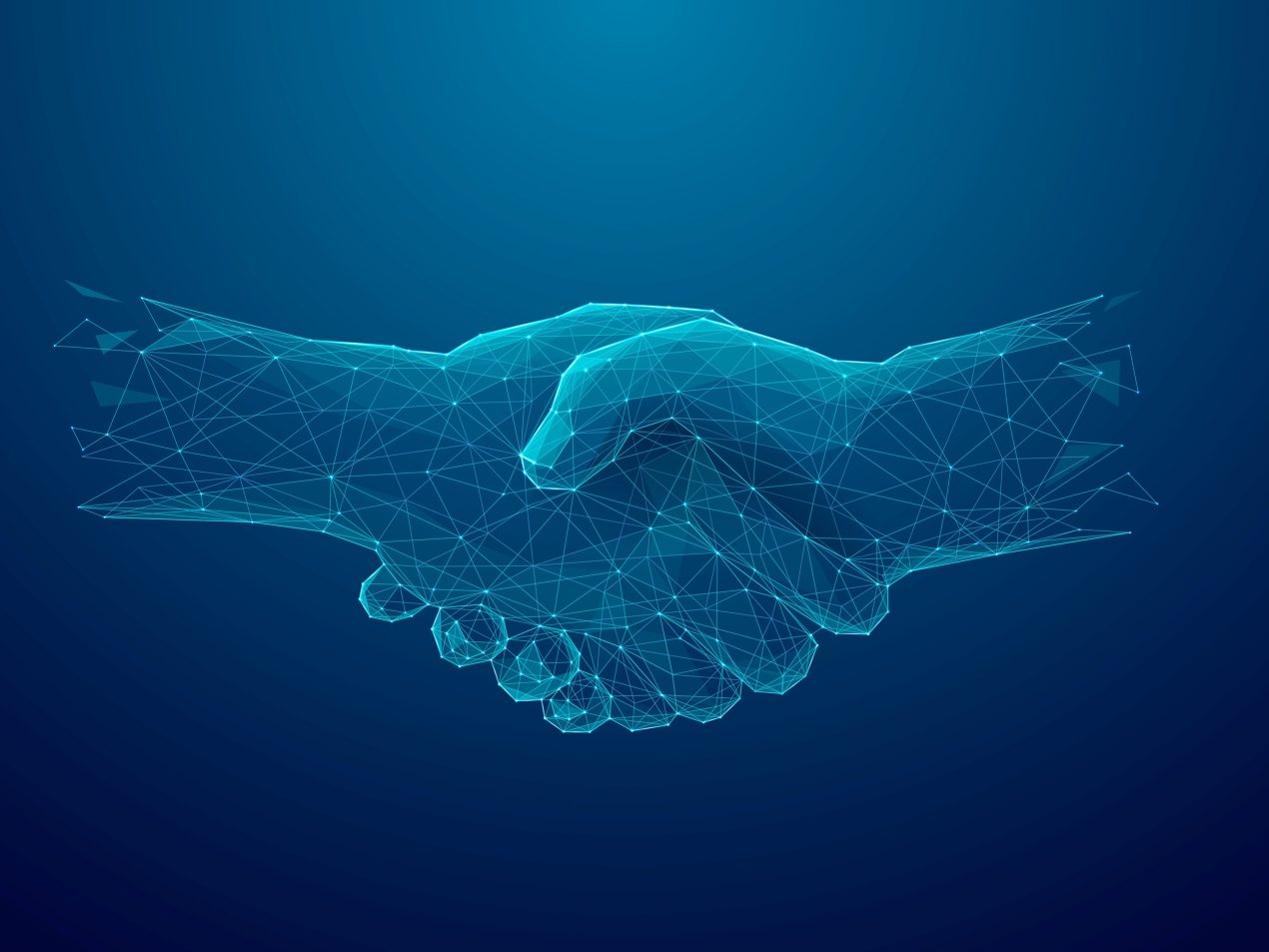 Abstract 3D illustration of a handshake formed by glowing cyan polygonal wireframe mesh on a dark blue gradient, symbolizing digital partnership, IT collaboration, and tech trust.