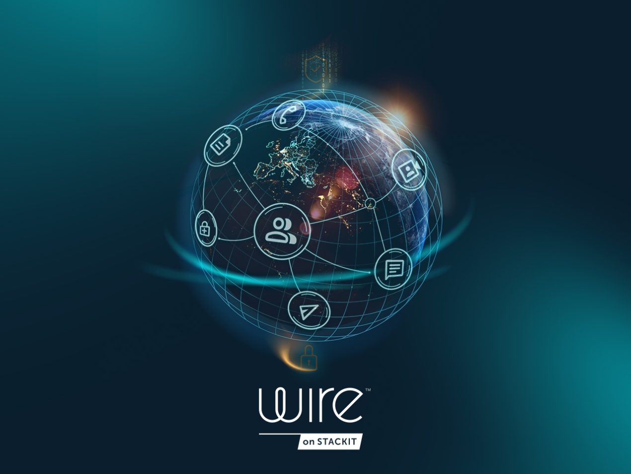 Das Bild zeigt einen Globus vor einem dunklen Hintergrund, auf dem Europa bei Nacht mit leuchtenden Städten zu erkennen ist. Der Globus ist von einem digitalen Netzwerk aus blauen Linien umgeben. In diesem Netzwerk schweben kreisförmige Icons, die ein Dokument, einen Telefonhörer, eine Videokamera, eine Sprechblase, einen Papierflieger, ein Schloss und eine Personengruppe zeigen. Unten mittig befindet sich das Logo „wire on STACKIT“.