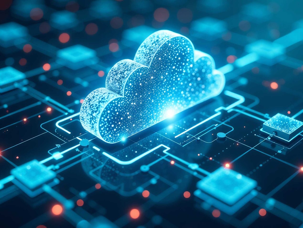 Cloud Computing und Datennetzwerk auf einer digitalen Platine mit verbundenen Knotenpunkten